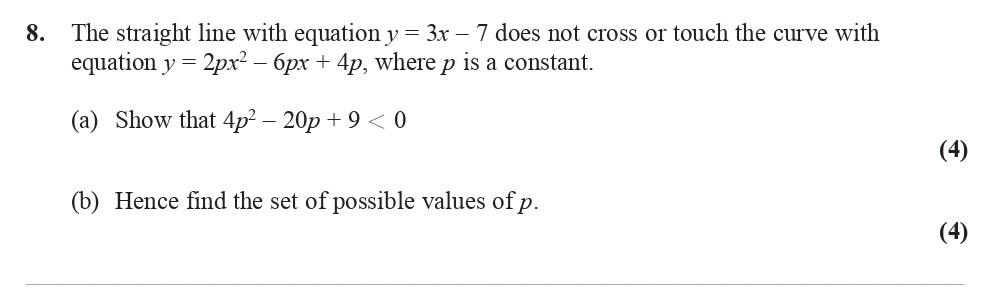 The-straight-line-with-equation-$y-=-3x---7$-does-not-cross-or-touch-the-curve-with-equation-$y-=-2p-x^2---6px-+-4p$,-where-$p$-is-a-constant-Edexcel-A-Level Maths Pure-Question 9-2016-Paper 1.png